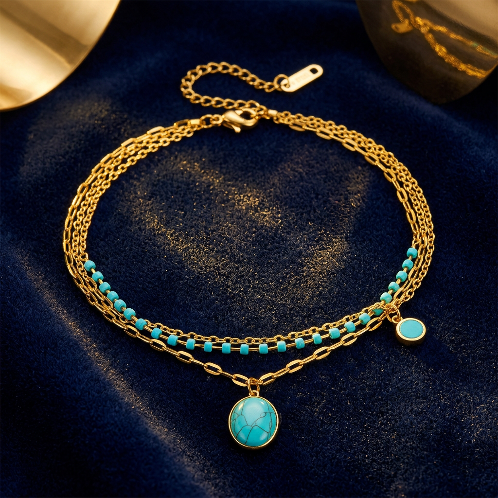 Armband met verschillend strengen en steentjes, turquoise