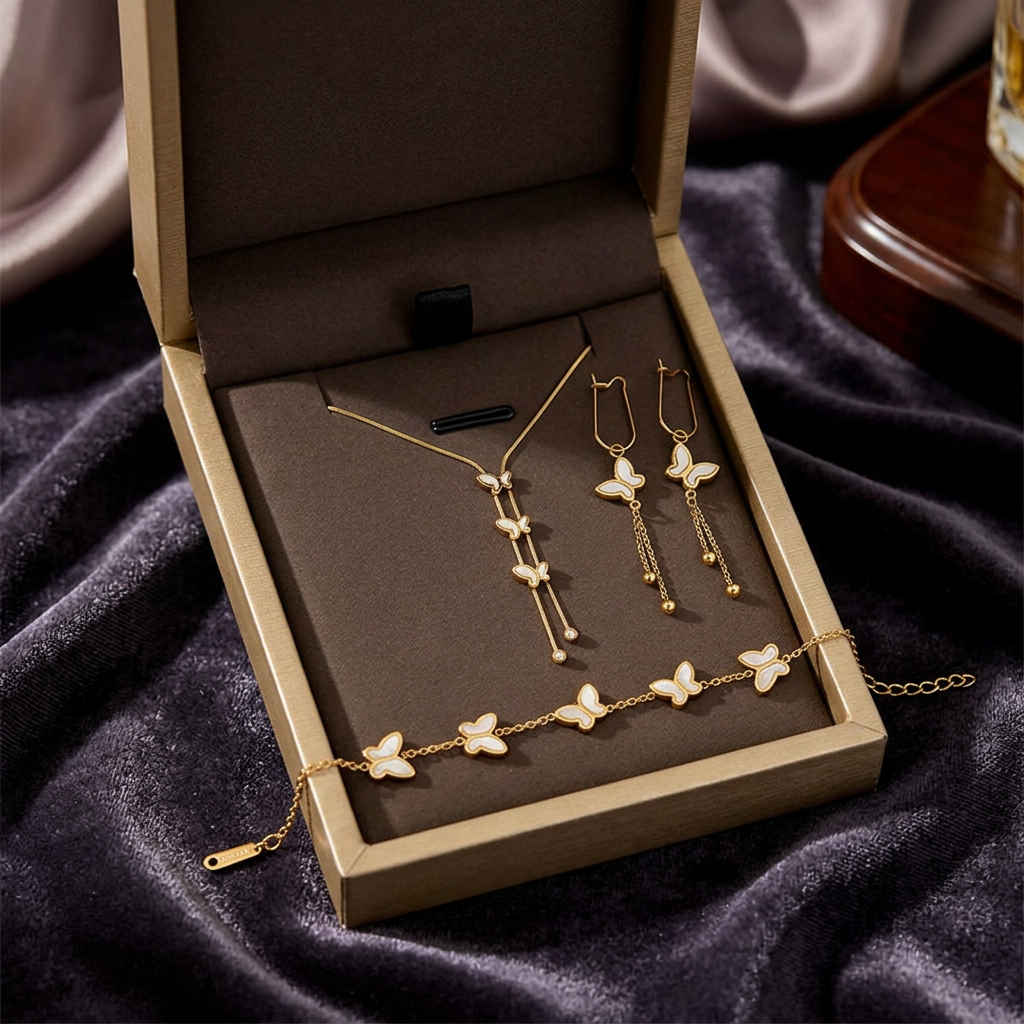 3-delig sieradenset, vlinders .ketting, armband en oorbellen